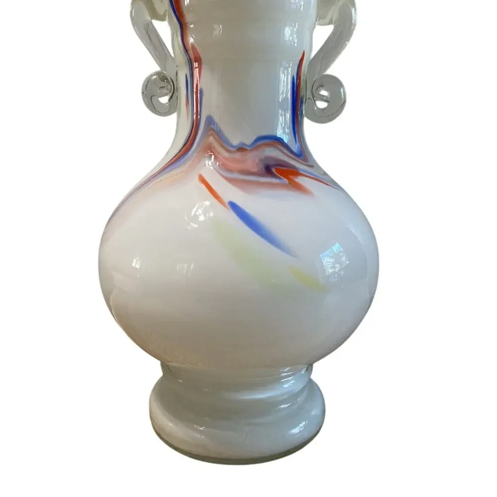 Vintage Dalian Art Glass White Cased Vase Ruffled Edge Double Handle 9.75